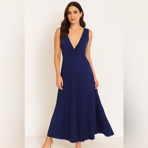 Giorgia Gianni Navy Blue Deep V-Neck Maxi Elegant Dress Made in Italy Size L